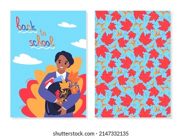 Illustration of banners with a schoolboy in uniform and with a backpack and a background of autumn leaves. The inscription "back to school". The child is ready for school. Flat vector.