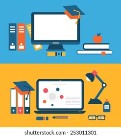 Illustration banners with set of flat concept icons for education, distance education, training - vector
