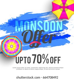 Illustration banner,sale poster for Monsoon season raining drops,colorful umbrella with text space background.