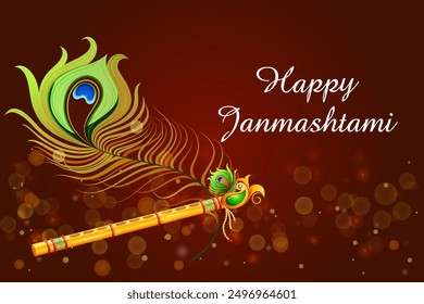illustration of bansuri flute with Peacock feather in Janmashtami
