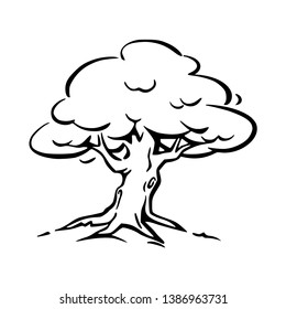 illustration of a banyan tree, black tree silhouette isolated on white background.