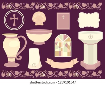 Illustration von Taufen Elemente aus Kreuz, Handtuch, Bibel, Grenz- und Edelglas