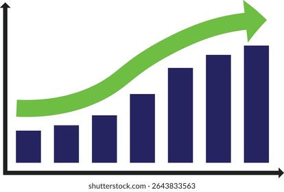 Illustration of a bar chart in blue accompanied by an ascending green arrow indicating steady growth and progress. Represents statistical data, productivity, or business advancements.