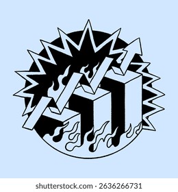 Illustration of a bar chart with flames and arrows, symbolizing growth and risk. The chart is set against a spiky, circular background, suggesting volatility. Cartoon illustration vector.