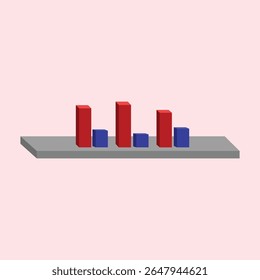Illustration of a bar chart with red and blue bars on a shelf. diagram bar graph chart isometric icon. A 3D bar chart on a gray platform showing red and blue bars in pairs