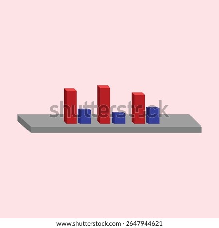 Illustration of a bar chart with red and blue bars on a shelf. diagram bar graph chart isometric icon. A 3D bar chart on a gray platform showing red and blue bars in pairs