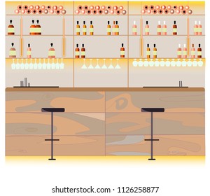 Illustration of bar counter full of bottles and glasses.warm colors