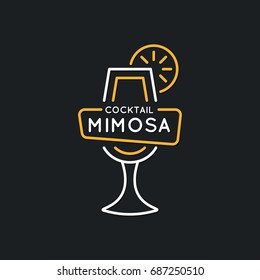 Illustration For Bar Menu Alcoholic Cocktail Mimosa. Vector Line Drawing Of A Drink On A Dark Background.