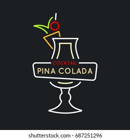 Illustration for bar menu alcoholic cocktail Pina Colada. Vector line drawing of a Drink on a dark background.