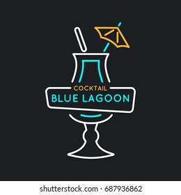 Illustration for bar menu alcoholic cocktail Blue Lagoon. Vector line drawing of a Drink on a dark background.