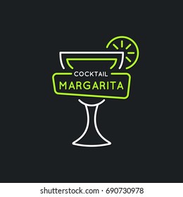 Illustration for bar menu alcoholic cocktail Margarita. Vector line drawing of a Drink on a dark background.