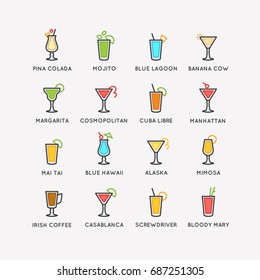 Illustration for bar menu set alcoholic cocktails. Vector line drawing of a Drink on background.