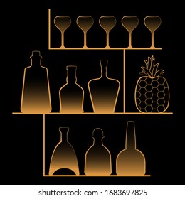 Illustration with  bar on the balck background. Bottles and coctails in retro restaurant