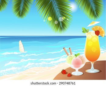 Illustration of a bar on the beach. Tropical cocktail and ice cream. Palm leaves on sea background.