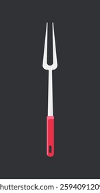 Illustration of a barbecue fork with a red handle on a dark background. The fork is a kitchen utensil, ideal for grilling. Simple and modern barbecue fork design. Isolated vector illustration.