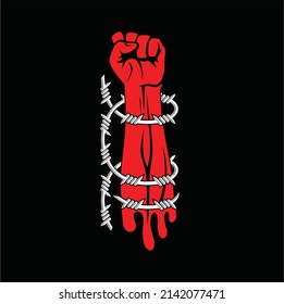illustration of barbed wire and hands clenched.