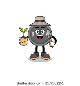 Illustration of barbell plate cartoon holding a plant seed , character design