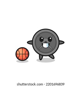 Illustration of barbell plate cartoon is playing basketball , cute design