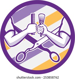 Illustration of barber hands one holding comb and the other holding brush with scissors and barber pole strips stripes in the background set inside circle done in retro style. 