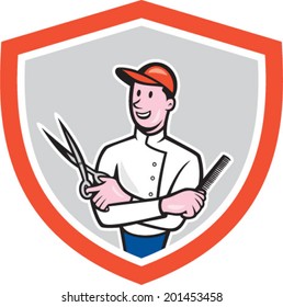 Illustration of a barber holding a scissors and comb facing front looking up set inside shield crest done on isolated background done in cartoon style. 