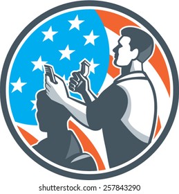 Illustration of a barber holding scissors and comb cutting hair facing side set inside circle done with usa american flag in the background done in retro style. 