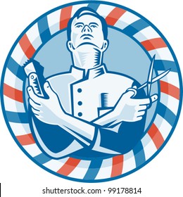 Illustration of a barber looking up holding hair clipper cutter and scissors set inside circle with red and blue stripes done in retro woodcut style.