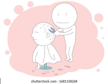 An illustration of a barber making a customer's hair bald.