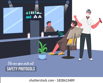 Illustration of Barber Man with Customer Sitting at Chair in Barbershop with Safety Precautions During Coronavirus Pandemic.