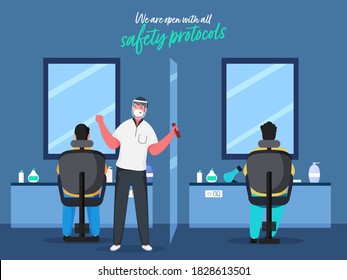 Illustration of Barber Man with Two Customer Sitting at Separate Chair in Barbershop with Safety Protocols During Coronavirus Pandemic.