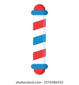 Illustration of a barber pole with a cylindrical shape and red, white, and blue spiral stripes. The top and bottom of the pole are capped with red and blue rounded ends. Represents barbershops.