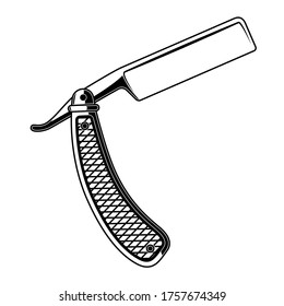 Illustration of barber razor in engraving style. Design element for logo, label, sign. badge. Vector illustration