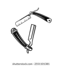 Illustration of barber razor in engraving style. Design element for logo, label, sign. badge. 