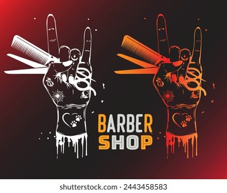 Póster de arte de la peluquería, mano atractiva del dibujo de la barbería