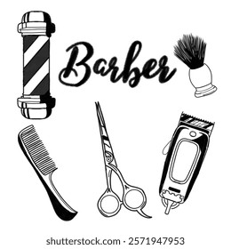 Illustration of barber shop tools such as scissors, comb, clippers, and shaving brush showing essential grooming items.