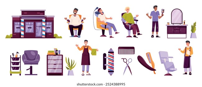 Illustration of a barbershop with various elements including barbers, customers, barber chairs, tools, and accessories.