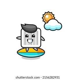 Illustration of barcode cartoon do surfing on the beach , cute design
