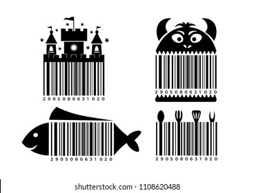 Illustration Barcodes vector set castle, fish, cook, monster cartoon