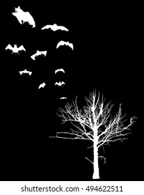 illustration with bare tree and flying bats isolated on black background