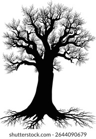 illustration with bare tree and root isolated on white background