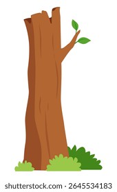Ilustração de um tronco de árvore nua com novo crescimento e vegetação ocupada em sua base