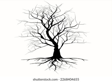 ilustración con silueta de árboles desnudos aislada en fondo blanco, siluetas de árboles negros o nudos. Árboles dibujados a mano y ramas vectores aislados