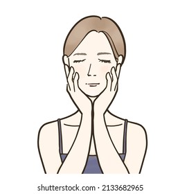 Illustration of a bare-faced woman with her hands on her cheeks and her eyes closed