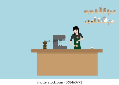 illustration of barista girl in apron preparing coffee