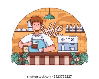 Illustration of a barista happily serving customers, depicted holding a pot of freshly brewed coffee ready to be served. Perfect for posters, cards, web, social media, promotions, etc.