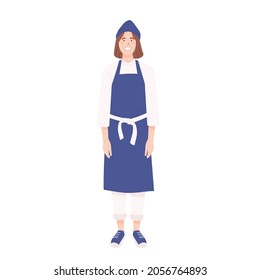 Illustration of barista standing greeting customer of coffee shop. Happy woman standing wear apron and beanie head in isolated background. Coffee people. Cafe waitress people illustration vector