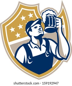 Illustration of a barkeep, barkeeper, barperson, barman, barmaid, bar attendant, or taberneiro worker drinking raising beer mug looking up set inside shield done in retro style.