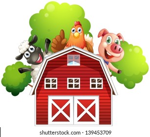 Illustration of a barn with animals at the rooftop on a white background