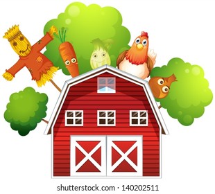 Illustration of a barn with a chicken and fruits at the back  on a white background