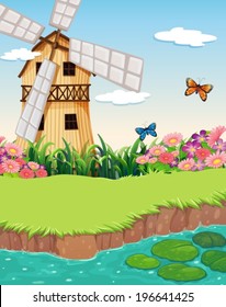 Illustration of a barn house with a windmill near the river