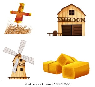 Illustration of the barn houses, hays and a scarecrow on a white background